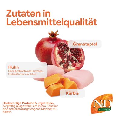 Zutaten in Lebensmittelqualität: Granatapfel, Huhn ohne Antibiotika und Hormone von Freilandhühnern aus Italien, Kürbis. Hochwertige Proteine und Urgetreide für ausgewogene Mahlzeit.