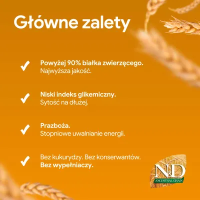 N&D Ancestral Grain: Ponad 90% białka zwierzęcego, niski indeks glikemiczny, pradawne zboża, bez kukurydzy, konserwantów i wypełniaczy.