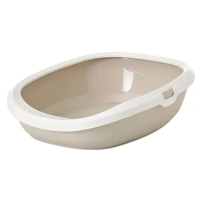 Bac à litière ouvert en plastique beige avec rebord blanc, sans couvercle ni accessoires visibles. Bac à litière ouvert en plastique beige avec rebord blanc, sans couvercle ni accessoires visibles.