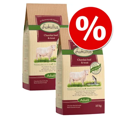 Lukullus Charolais beef & trout, karma dla psów dorosłych, opakowanie 10 kg, widoczne dwa worki i symbol procentowej promocji na czerwonym tle.