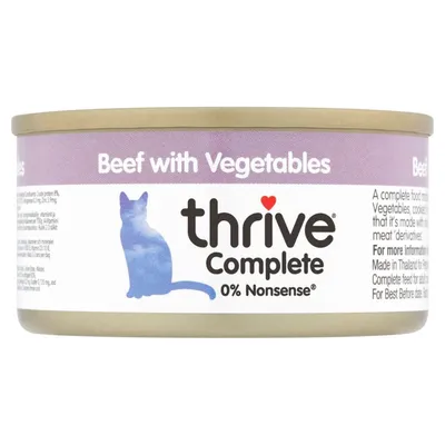 Tin labelled 'Beef with Vegetables', thrive Complete, 0% Nonsense. Includes a blue cat silhouette and product information text. Tin labelled 'Beef with Vegetables', thrive Complete, 0% Nonsense. Includes a blue cat silhouette and product information text.