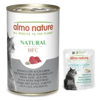 12 x 140 g Almo Nature HFC Natural  + 6 x 50 g HFC Hydration Help ingyen! - Tonhal & apró szardínia (12 x 140 g) + tonhalleves & tonhalfilé (6 x 50 g)