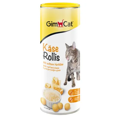 GimCat Käse Rollis, med ægte hård ost, uden tilsat sukker, kornfri. Emballagen viser en kat og ostekugler med hård ost. GimCat Käse Rollis, med ægte hård ost, uden tilsat sukker, kornfri. Emballagen viser en kat og ostekugler med hård ost.