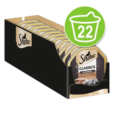 Упаковка Sheba Classics in Pastete с уткой и курицей, 22 порции. Видны лотки с кормом в открытой коробке, логотип Sheba и надпись на упаковке.