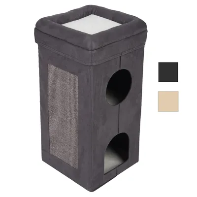 Kratzmöbel mit zwei Höhlen, Kratzfläche aus Sisal und gepolsterter Liegefläche oben. Farben: Dunkelgrau und Beige.