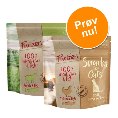 Purizon 100% Meat, Liver & Fish. Lamb & Fish. Chicken & Fish. Snacks for Cats. Gently freeze dried 40 g. Prøv nu! Tekst og illustrationer af lam, kylling, fisk og kat på emballagen.