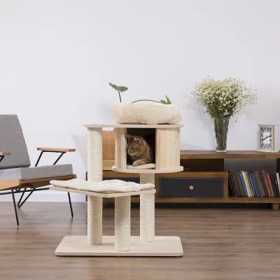 Tiragraffi in legno chiaro con colonne rivestite in sisal, cuccia imbottita sopra e nicchia centrale, un gatto marrone all'interno della nicchia. Arredo moderno sullo sfondo.