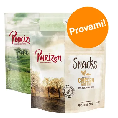Purizon Snacks Chicken with Fish 100% meat, fish & liver for adult cats 40 g. Etichetta arancione con testo: Provami!
