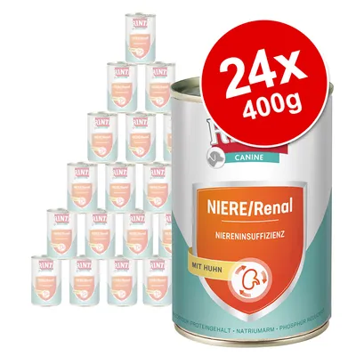 RINTI Canine NIERE/Renal Niereninsuffizienz mit Huhn, 24 x 400 g dåser. Synlig tekst: niedriger Proteingehalt, Natriumarm, Phosphor reduziert.
