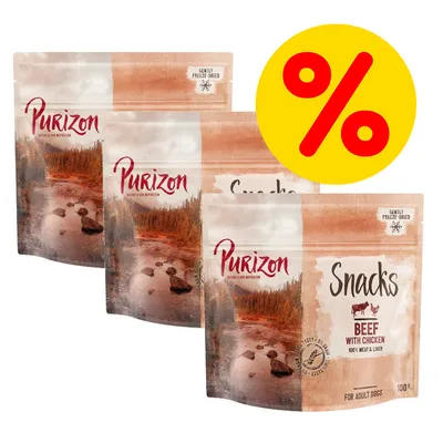 Purizon Snacks Beef with Chicken, 100% Meat & Liver, für erwachsene Hunde, sanft gefriergetrocknet, Vorteilspack mit Prozentzeichen-Angebot.