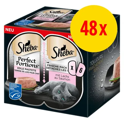 Sheba Perfect Portions Edle Pastete terrine de luxe pour chat, mit Lachs au Saumon, 48 x 6 portions. MSC-mærke synligt på emballagen. Sheba Perfect Portions Edle Pastete terrine de luxe pour chat, mit Lachs au Saumon, 48 x 6 portions. MSC-mærke synligt på emballagen.