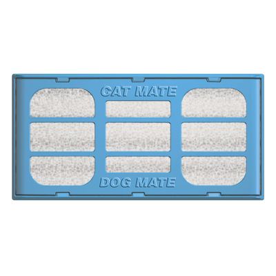 Blått filterinsats med texterna CAT MATE och DOG MATE, rektangulär form med vita filterytor.
