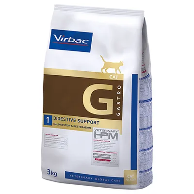 Virbac CAT G Gastro Digestive Support -kuivaruoka, 3 kg. Veterinary HPM, maldigestion & restoration, kissalle. Pakkauksessa näkyy ravintoarvotaulukko ja ohjeita englanniksi.