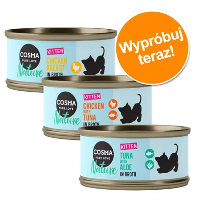 Trzy puszki Cosma Pure Love Nature Kitten: Chicken Breast in Broth, Chicken with Tuna in Broth, Tuna with Aloe in Broth. Pomarańczowe kółko z napisem: Wypróbuj teraz!