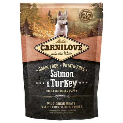 Carnilove into the Wild Salmon & Turkey for Large Breed Puppy, Grain-Free, Potato-Free. Widoczne napisy: wild-origin meats, forest fruits, veggies & herbs. Obrazek szczeniaka.