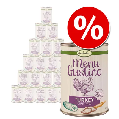 Flera burkar Lukullus Menu Gustico Turkey Grain-Free, 400 g, staplade i pyramid. Stor röd procent-symbol visar rabatt eller erbjudande.
