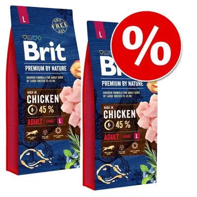 Две опаковки Brit Premium by Nature за големи породи кучета, 45 % пилешко, Adult Large L. Червен кръг с бял процентен знак показва промоция или отстъпка.