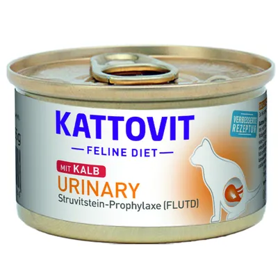 Kattovit Feline Diet mit Kalb URINARY Struvitstein-Prophylaxe (FLUTD), puszka z etykietą, widoczny napis 'VERBESSERTE REZEPTUR' Kattovit Feline Diet mit Kalb URINARY Struvitstein-Prophylaxe (FLUTD), puszka z etykietą, widoczny napis 'VERBESSERTE REZEPTUR'