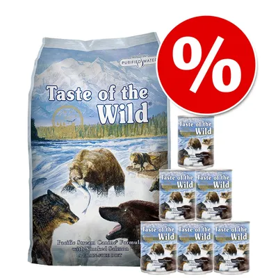 Zestaw Taste of the Wild: duża torba oraz 6 puszek karmy z widoczną nazwą marki i dużym symbolem procentowym, informującym o promocji.