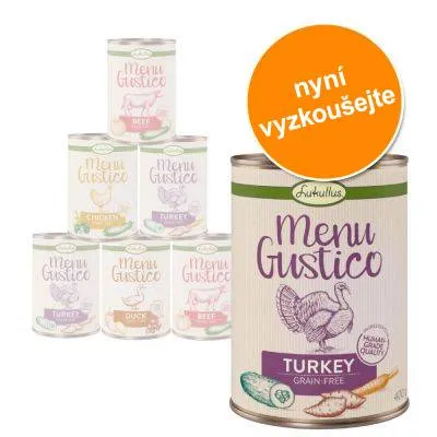 Konzervy Lukullus Menu Gustico, příchutě Turkey, Beef, Chicken, Duck. Velká konzerva s textem 'Menu Gustico TURKEY GRAIN-FREE'. Oranžový kruh: nyní vyzkoušejte.