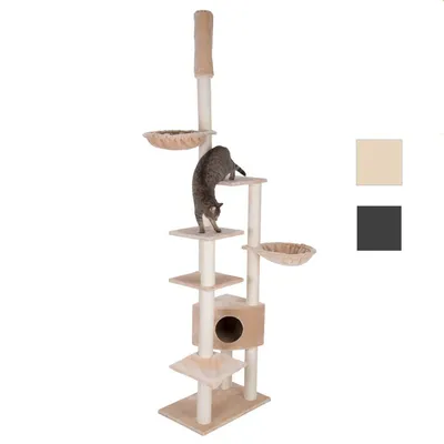 Drapak dla kota z wieloma półkami, dwoma okrągłymi legowiskami i budką; kot na jednej z półek. Widoczne dwa kolory: beżowy i ciemnoszary. Drapak dla kota z wieloma półkami, dwoma okrągłymi legowiskami i budką; kot na jednej z półek. Widoczne dwa kolory: beżowy i ciemnoszary.
