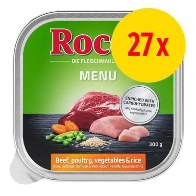 Rocco Menu våtfoder, 27 x 300 g. Synliga ingredienser: nötkött, fågel, grönsaker och ris. Text: enriched with carbohydrates, beef, poultry, vegetables & rice.