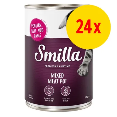 Smilla Mixed Meat Pot 400 g, 24x. Text: Poultry, Beef and Game, Food for a Lifetime, Contains Taurine, Grain-Free. Delvis synlig kattass på burken.
