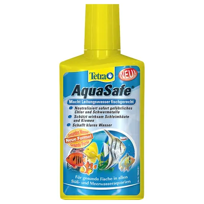 Tetra AquaSafe, sárga flakon. Látható szöveg: NEU! Neutralisiert sofort gefährliches Chlor und Schwermetalle, Schützt wirksam Schleimhäute und Kiemen, Schafft klares Wasser, Neue Formel.