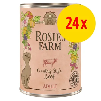 Rosie's Farm Country-Style Beef ADULT hundemad dåse, Grain Free Recipe, illustration af hund og ko, 24x markeret med gul cirkel og rød tekst Rosie's Farm Country-Style Beef ADULT hundemad dåse, Grain Free Recipe, illustration af hund og ko, 24x markeret med gul cirkel og rød tekst