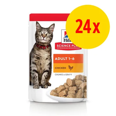 Hill's Science Plan Adult 1-6, Chicken, Chunks & Gravy, 24x Portionsbeutel. Bild zeigt Verpackung mit Katze und Futterstücken. Hill's Science Plan Adult 1-6, Chicken, Chunks & Gravy, 24x Portionsbeutel. Bild zeigt Verpackung mit Katze und Futterstücken.