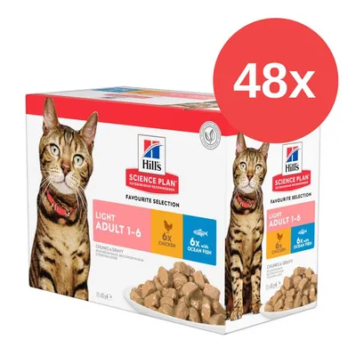 Hill's Science Plan Light Adult 1-6, Favourite Selection, 48x Portions, 6x Huhn, 6x Ocean Fish, Chunks & Gravy. Verpackung mit Katzenbild und Produktdetails.