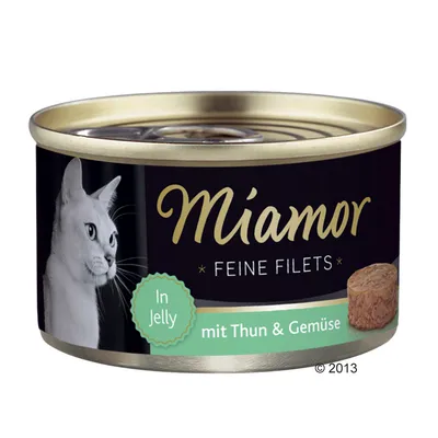 Miamor Feine Filets In Jelly mit Thun & Gemüse, puszka z wizerunkiem kota i kawałkiem karmy. Tekst na opakowaniu w języku niemieckim.