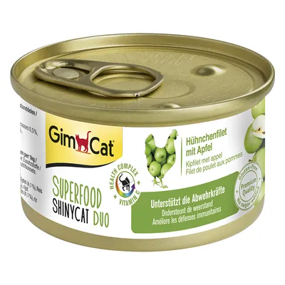 GimCat Superfood ShinyCat Duo, kuřecí filet s jablkem, podporuje imunitu, Health Complex s vitaminem C, bez lepku, Premium Quality, bez přidaného cukru.