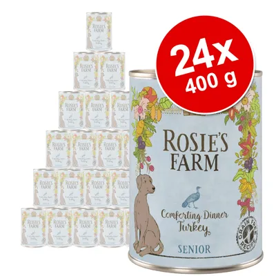 24 κονσέρβες Rosie's Farm Comforting Dinner Turkey Senior, 400 g η κάθε μία. Ετικέτα με σκύλο και λουλούδια, αναγράφεται 'Grain Free Recipe'.