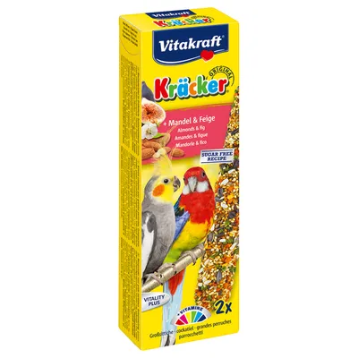Vitakraft Kräcker Original + Mandel & Feige, Sugar Free Recipe, 2x, για παπαγάλους. Εικόνα συσκευασίας με δύο πουλιά και μπάρα σπόρων. Κείμενο στα αγγλικά, γερμανικά, γαλλικά, ιταλικά.