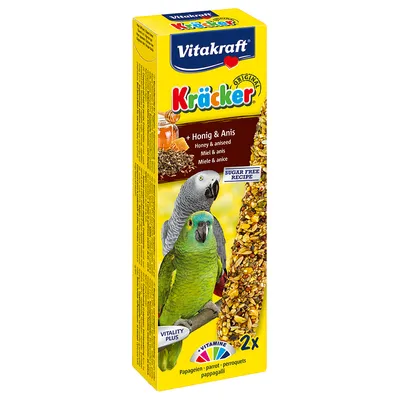 Vitakraft Kräcker Original pour perroquets, miel et anis, recette sans sucre, 2x sticks visibles sur l’emballage, mentions Vitality Plus et vitamines.