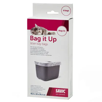 Savic Bag it Up litter tray bags, 6 bags. Hop In. Passer til bakker op til 58,5 x 39 x 39,5 cm. Billede af kat og kattebakke med pose.