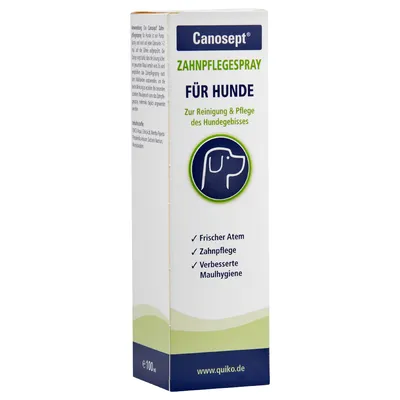 Canosept Zahnpflegespray für Hunde, zur Reinigung & Pflege des Hundegebitss. Frischer Atem, Zahnpflege, verbesserte Maulhygiene. Inhoud: 100 ml. www.quiko.de