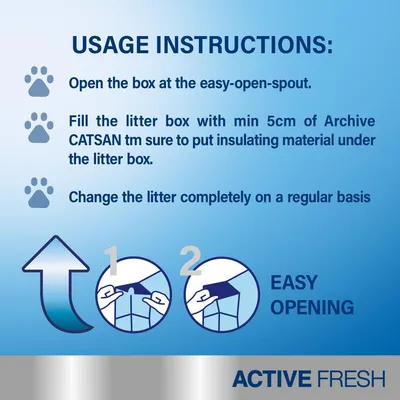 Directions for use: Open the box at the spout, fill in at least 5 cm of litter, place insulating material underneath, and change the litter completely on a regular basis. Illustrated instructions for easy opening are provided. Directions for use: Open the box at the spout, fill in at least 5 cm of litter, place insulating material underneath, and change the litter completely on a regular basis. Illustrated instructions for easy opening are provided.