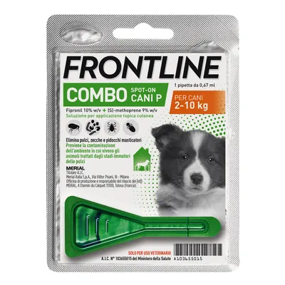 Frontline Combo Spot-On Cani P, soluzione per applicazione topica cutanea, 1 pipetta da 0,67 ml, per cani 2–10 kg. Elimina pulci, zecche e pidocchi masticatori. Solo per uso veterinario.