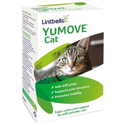 Lintbells YUMOVE Cat, verpakking met foto van kat. Tekst: aids stiff joints, supports joint structure, promotes mobility, triple-action joint support for stiff and older cats.
