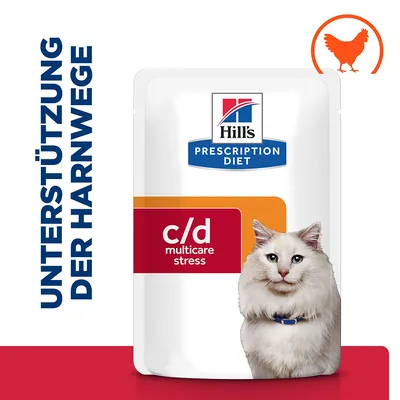 Hill's Prescription Diet c/d multicare stress, texte allemand «UNTERSTÜTZUNG DER HARNWEGE», illustration poulet orange en haut à droite, sachet avec image de chat.