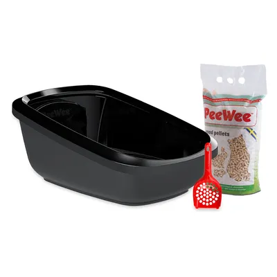 Schwarze PeeWee Katzentoilette mit roter Streuschaufel und PeeWee Holzpellets im Beutel.
