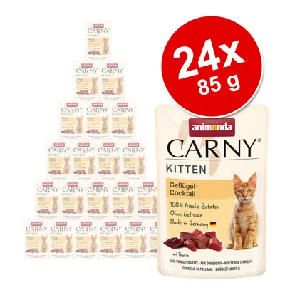 Zestaw 24 saszetek Animonda Carny Kitten Geflügel-Cocktail, każda 85 g. Na opakowaniu widoczny kot i tekst: 100% frische Zutaten, Ohne Getreide, Made in Germany.