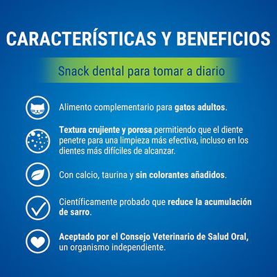 Características y beneficios: snack dental para gatos adultos, textura crujiente y porosa, con calcio y taurina, sin colorantes añadidos, reduce sarro, aceptado por Consejo Veterinario de Salud Oral.