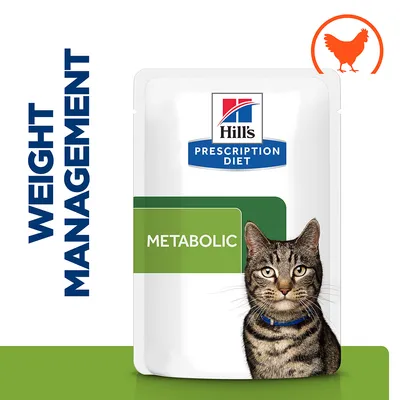Weight management food pouch labelled metabolic, with a cat image and chicken icon, showing Hill's Prescription Diet branding.