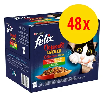 Purina felix Doppelt Lecker Délicieux Duos, 48x. Opakowanie karmy dla kotów w galarecie z warzywami, widoczny napis 48x na żółtym tle.