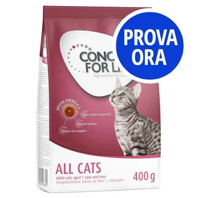 CONCEPT FOR LIFE ALL CATS, cibo per gatti adulti, 400 g. Testo visibile: PROVA ORA, Special Formula X4, ideal weight maintenance, hairball function, urinary tract support.