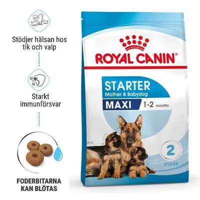 Royal Canin Starter Mother & Babydog Maxi 1–2 months. Stöder hälsan hos tik och valp, starkt immunförsvar, foderbitarna kan blötas. Bild på förpackning med tik och valpar. Royal Canin Starter Mother & Babydog Maxi 1–2 months. Stöder hälsan hos tik och valp, starkt immunförsvar, foderbitarna kan blötas. Bild på förpackning med tik och valpar.