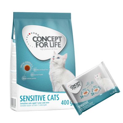 Pienso y comida húmeda Concept for Life All Cats para gatos adultos, paquete de 400 g y pack de 4 x 85 g. Texto visible: 'Alimentación mixta'.